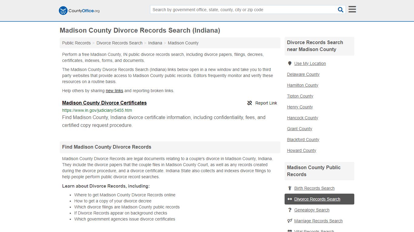 Madison County Divorce Records Search (Indiana) - County Office